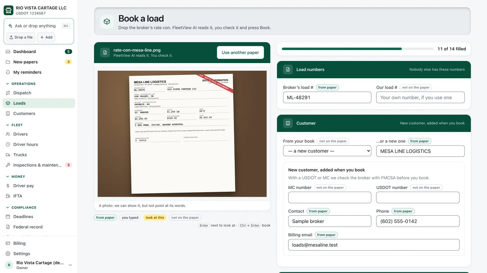 FleetView’s Book a load screen: a photo of the broker’s rate con, and the load’s details beside it, 11 of 14 filled, each marked “from paper” or “not on the paper”.